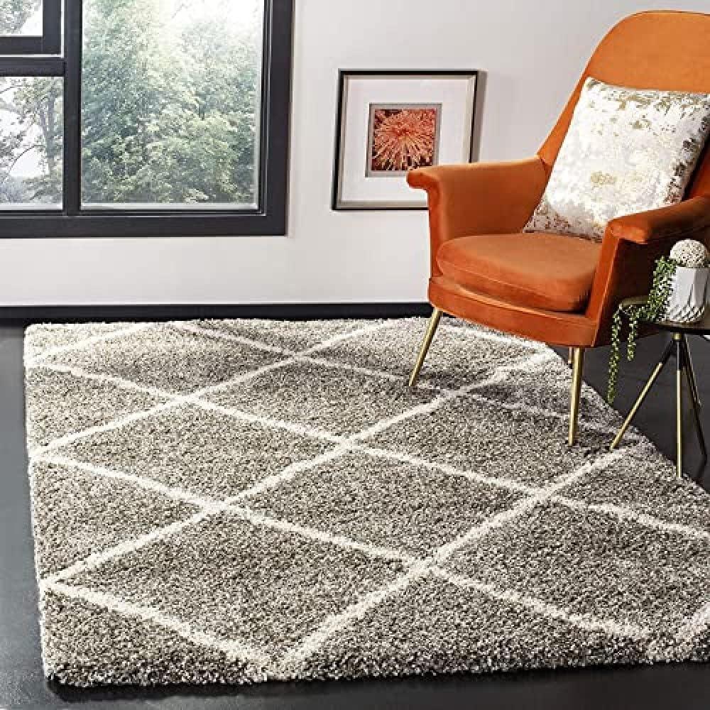 image:imageSAFAVIEH Hudson Shag Collection Area Rug 53 x 76 Ivory amp Grey Modern Trellis Design NonShedding amp Easy Care 2inch Thick Ideal for High Traffic Areas in Living Room Bedroom SGH281AGreyIvory