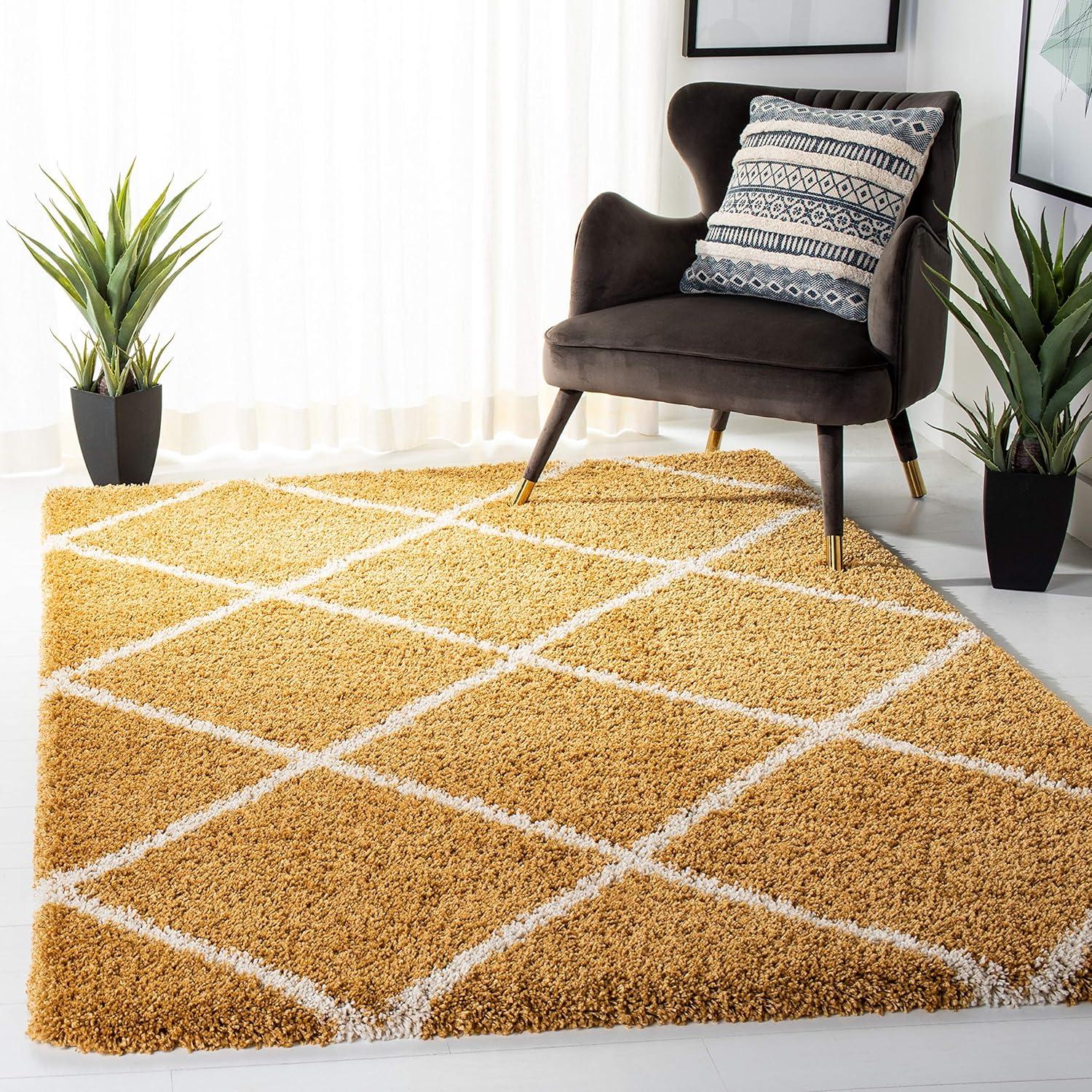 image:imageSAFAVIEH Hudson Shag Collection Area Rug 53 x 76 Ivory amp Grey Modern Trellis Design NonShedding amp Easy Care 2inch Thick Ideal for High Traffic Areas in Living Room Bedroom SGH281AGoldIvory