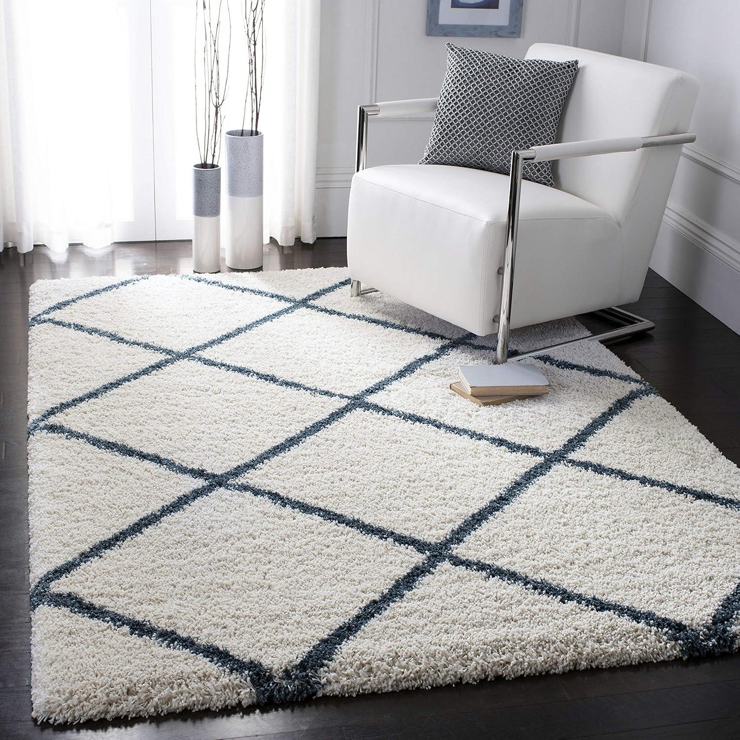 image:imageSAFAVIEH Hudson Shag Collection Area Rug 53 x 76 Ivory amp Grey Modern Trellis Design NonShedding amp Easy Care 2inch Thick Ideal for High Traffic Areas in Living Room Bedroom SGH281AIvorySteel Blue