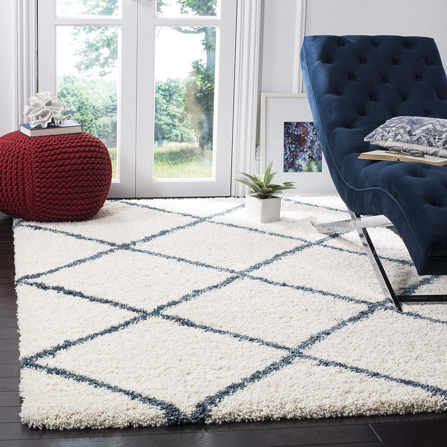 image:imageSAFAVIEH Hudson Shag Collection Area Rug 53 x 76 Ivory amp Grey Modern Trellis Design NonShedding amp Easy Care 2inch Thick Ideal for High Traffic Areas in Living Room Bedroom SGH281AIvorySteel Blue