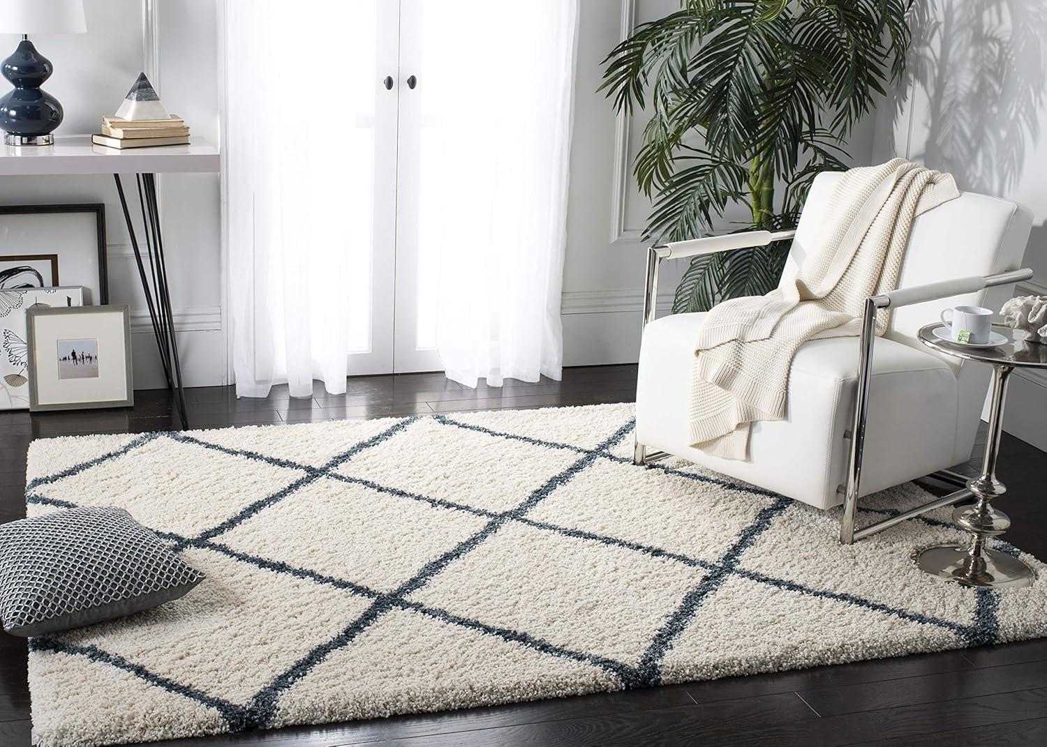 image:imageSAFAVIEH Hudson Shag Collection Area Rug 53 x 76 Ivory amp Grey Modern Trellis Design NonShedding amp Easy Care 2inch Thick Ideal for High Traffic Areas in Living Room Bedroom SGH281AIvorySteel Blue