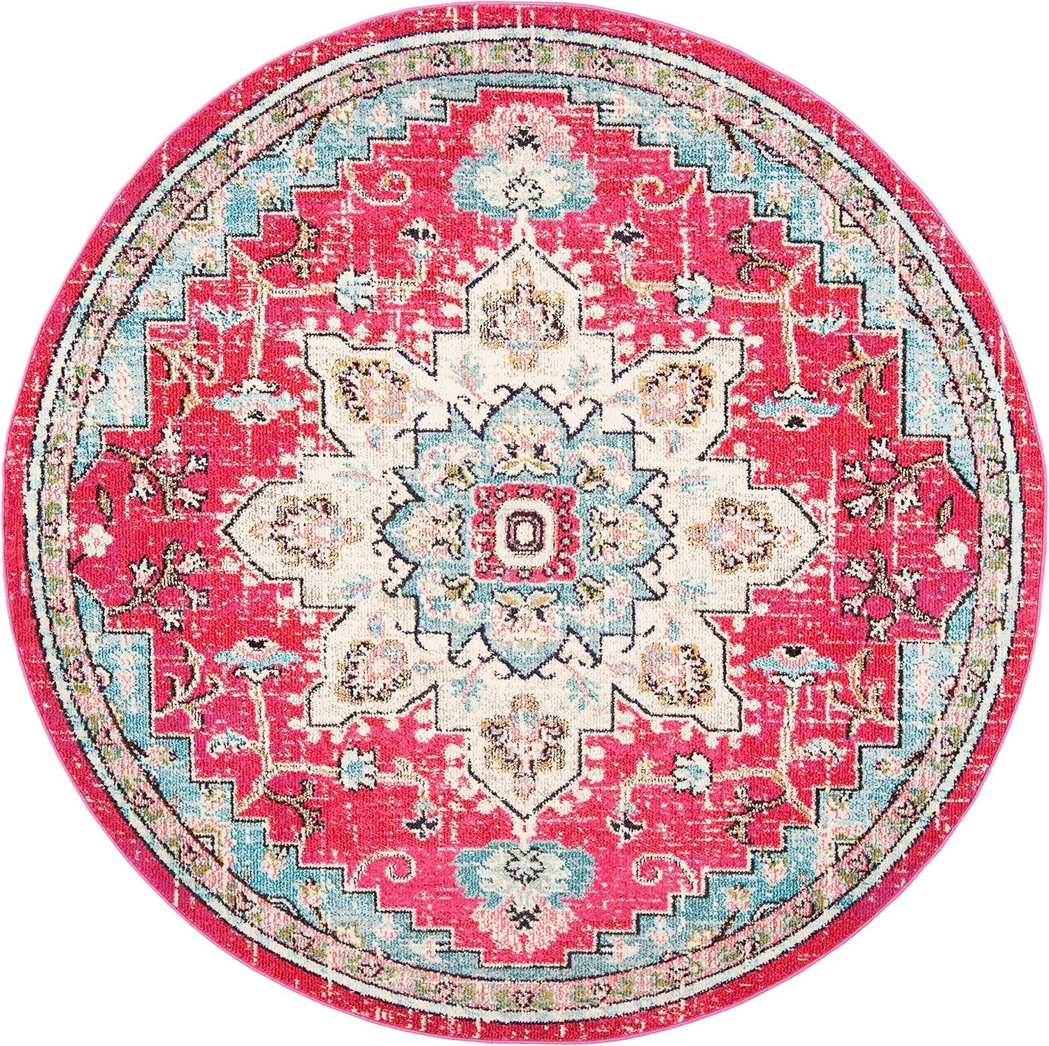 image:imageSAFAVIEH Madison Collection Area Rug 67 Square Cream amp Blue Boho Chic Distressed Medallion Design NonShedding amp Easy to Clean Ideal for Living Room Bedroom Dining Space MAD473BFuchsiaBlue