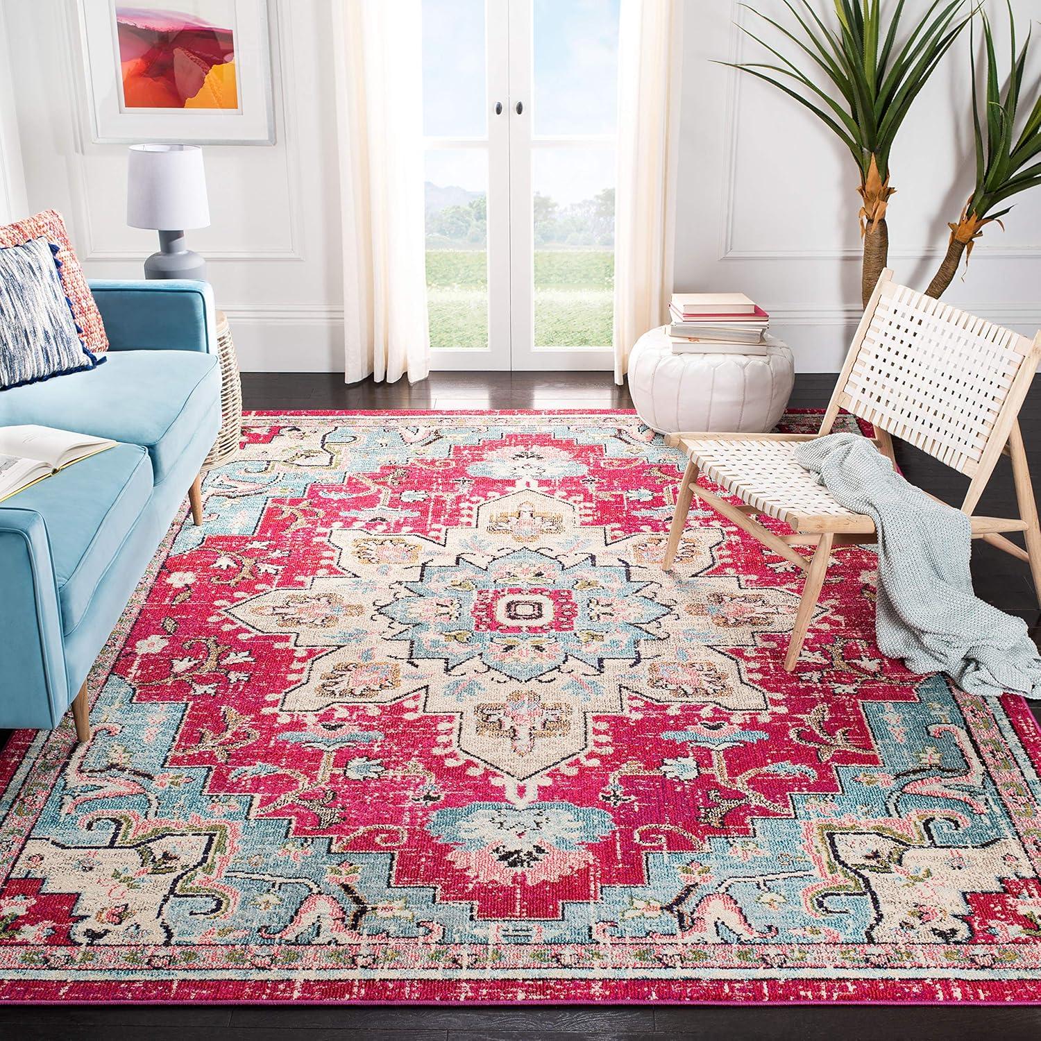 image:imageSAFAVIEH Madison Collection Area Rug 67 Square Cream amp Blue Boho Chic Distressed Medallion Design NonShedding amp Easy to Clean Ideal for Living Room Bedroom Dining Space MAD473BFuchsiaBlue