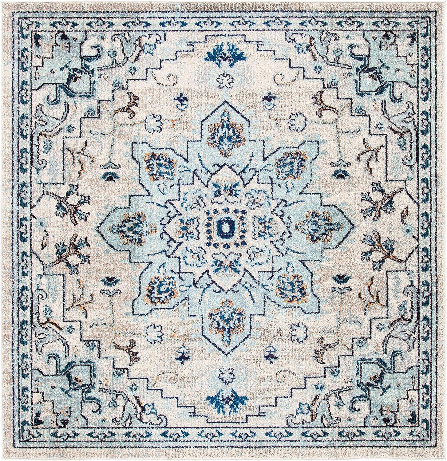 image:imageSAFAVIEH Madison Collection Area Rug 67 Square Cream amp Blue Boho Chic Distressed Medallion Design NonShedding amp Easy to Clean Ideal for Living Room Bedroom Dining Space MAD473BIvoryLight Blue