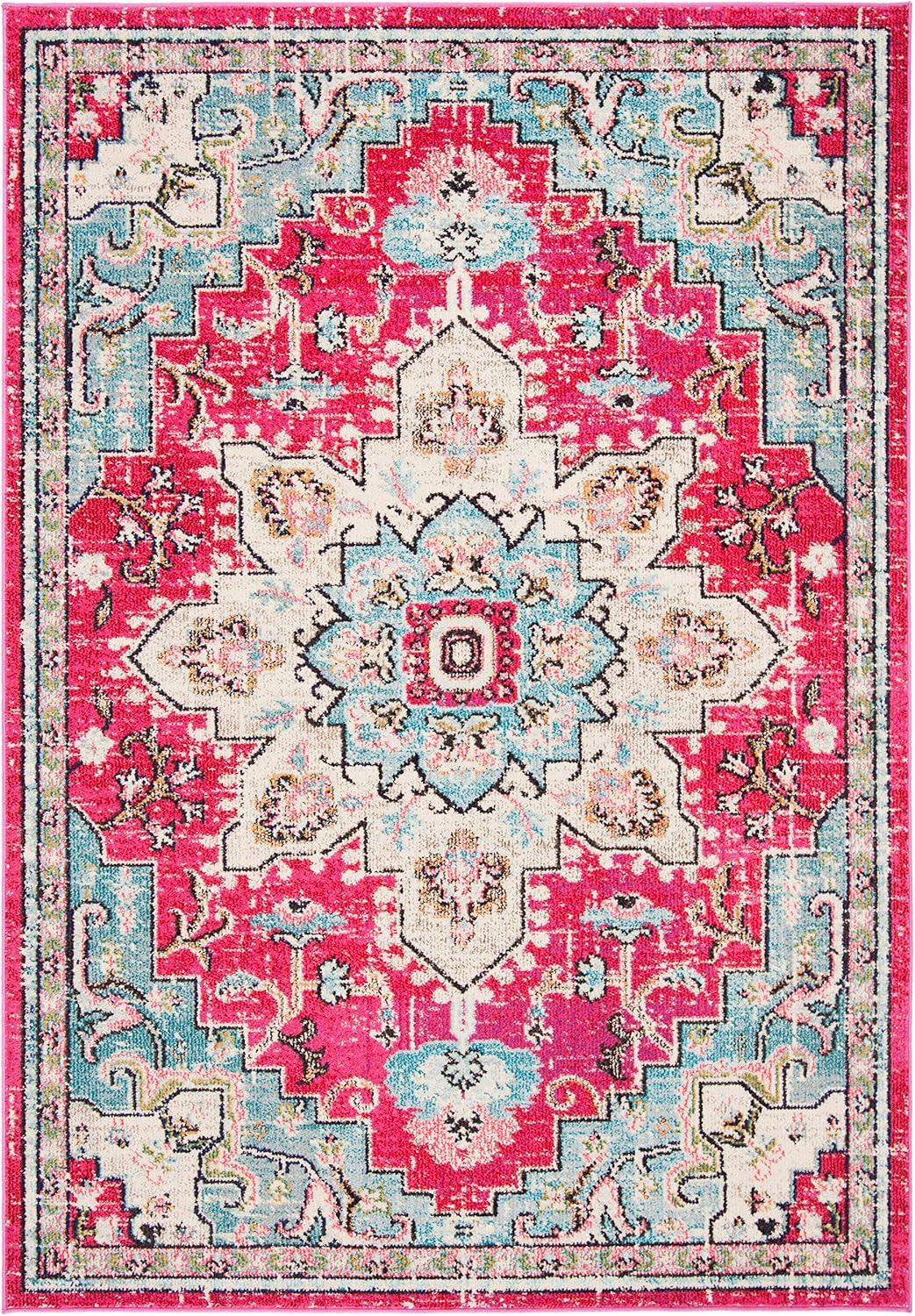 image:imageSAFAVIEH Madison Collection Area Rug 67 Square Cream amp Blue Boho Chic Distressed Medallion Design NonShedding amp Easy to Clean Ideal for Living Room Bedroom Dining Space MAD473BFuchsiaBlue