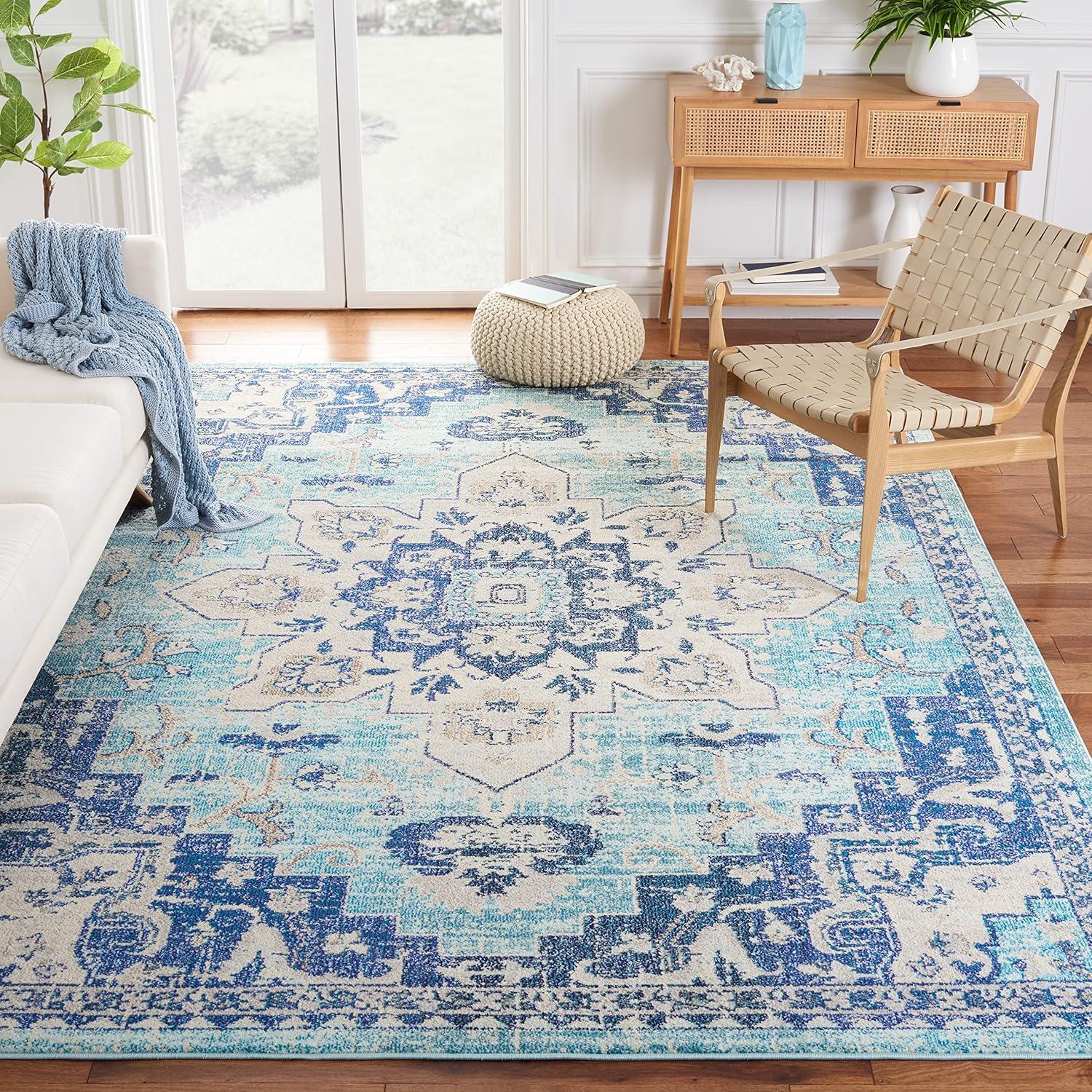 image:imageSAFAVIEH Madison Collection Area Rug 67 Square Cream amp Blue Boho Chic Distressed Medallion Design NonShedding amp Easy to Clean Ideal for Living Room Bedroom Dining Space MAD473BTealNavy