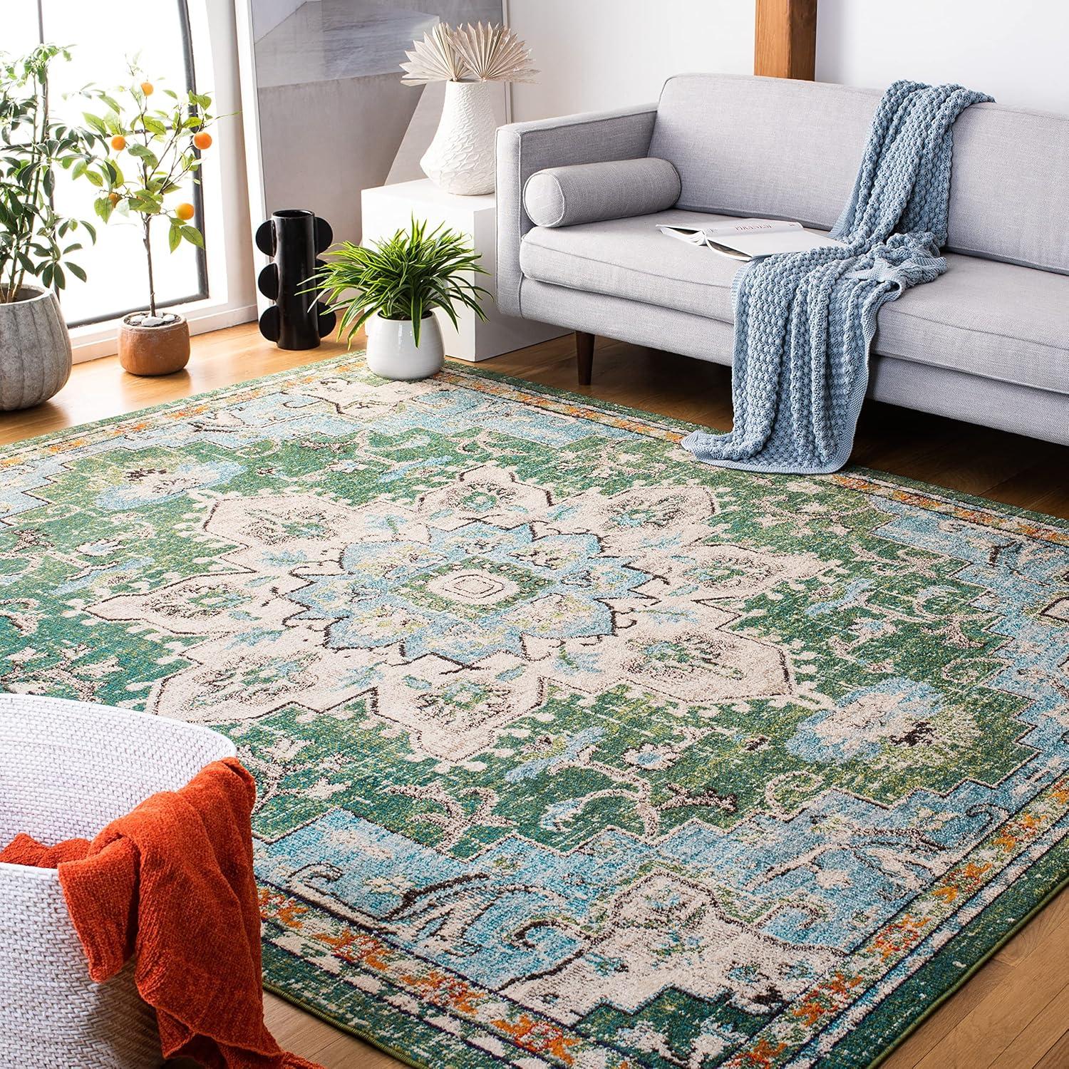 image:imageSAFAVIEH Madison Collection Area Rug 67 Square Cream amp Blue Boho Chic Distressed Medallion Design NonShedding amp Easy to Clean Ideal for Living Room Bedroom Dining Space MAD473BGreenTurquoise