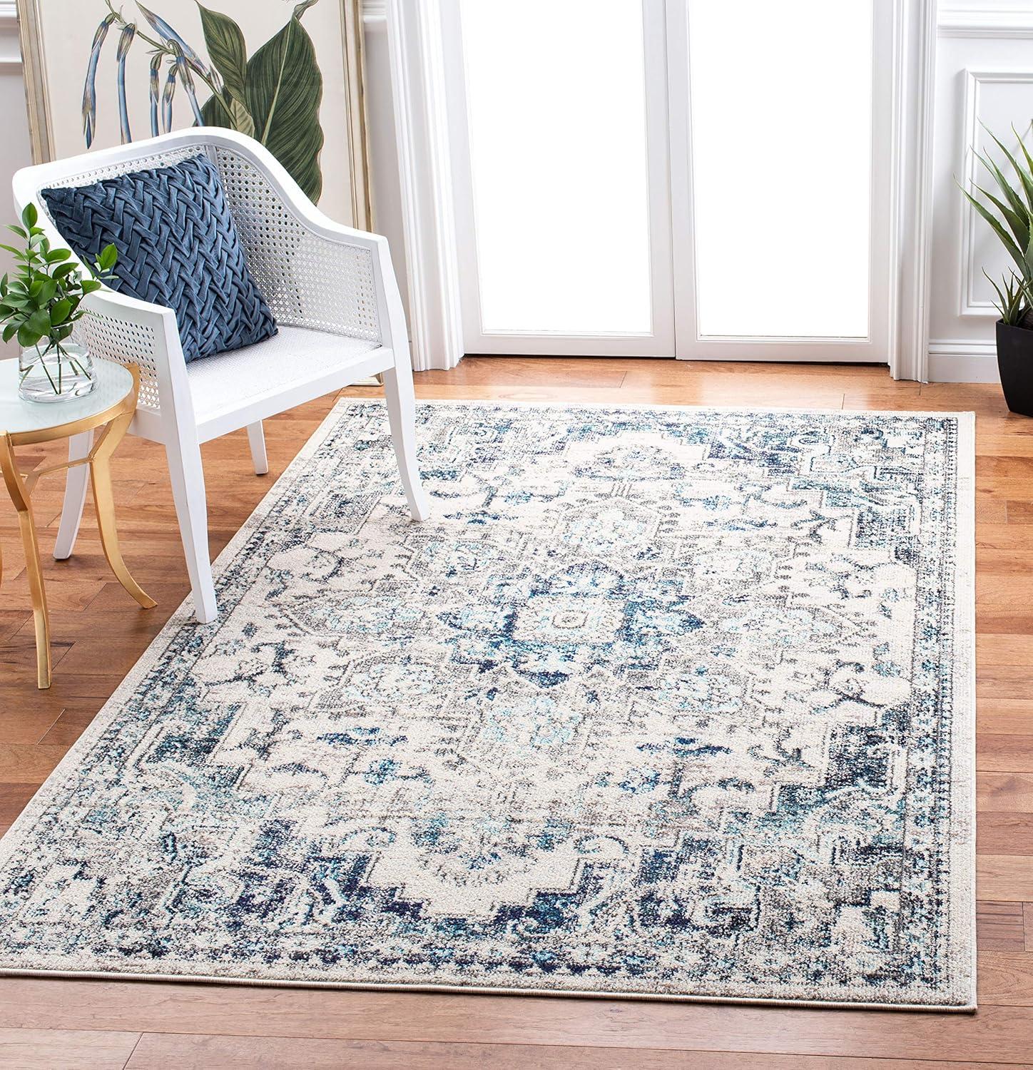 image:imageSAFAVIEH Madison Collection Area Rug 67 Square Cream amp Blue Boho Chic Distressed Medallion Design NonShedding amp Easy to Clean Ideal for Living Room Bedroom Dining Space MAD473BIvoryGrey