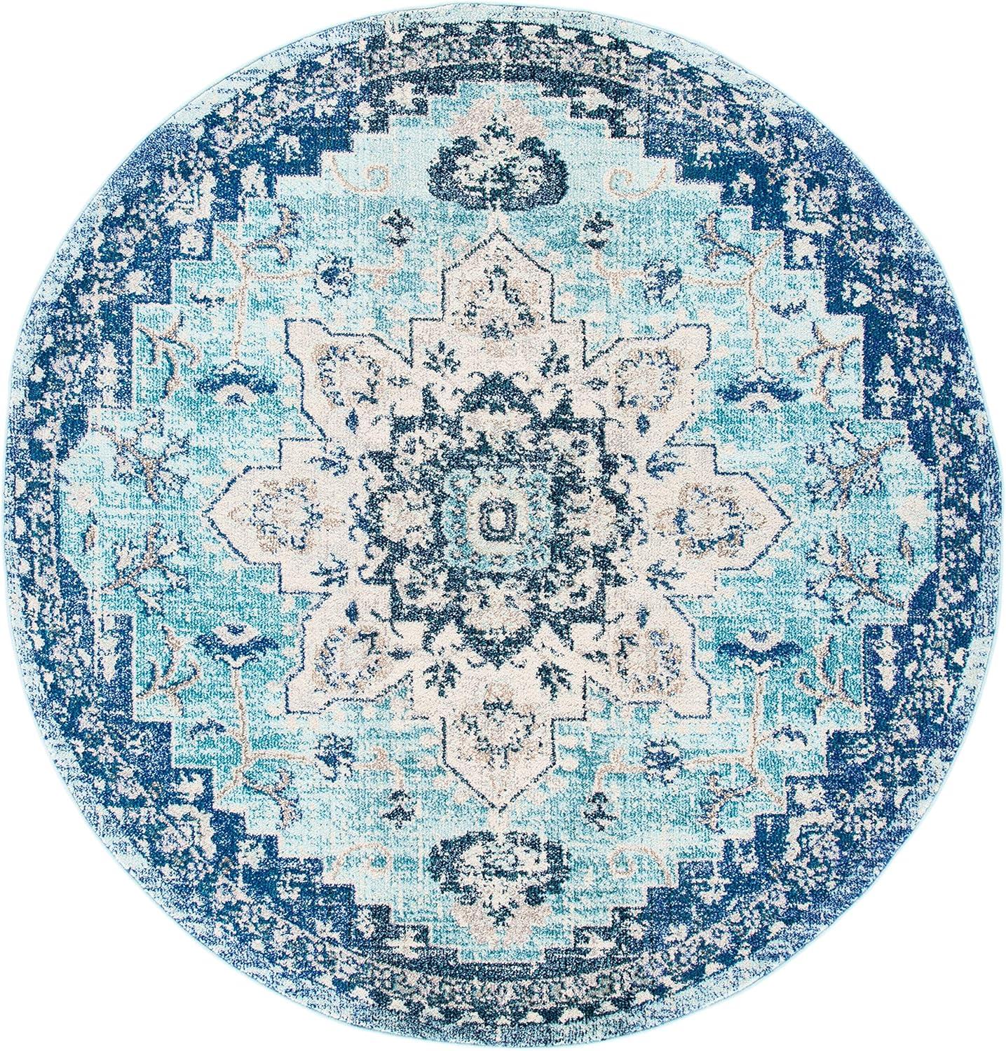 image:imageSAFAVIEH Madison Collection Area Rug 67 Square Cream amp Blue Boho Chic Distressed Medallion Design NonShedding amp Easy to Clean Ideal for Living Room Bedroom Dining Space MAD473BTealNavy