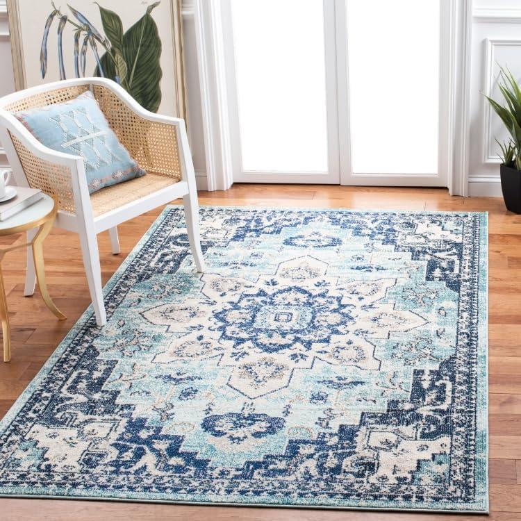 image:imageSAFAVIEH Madison Collection Area Rug 67 Square Cream amp Blue Boho Chic Distressed Medallion Design NonShedding amp Easy to Clean Ideal for Living Room Bedroom Dining Space MAD473BTealNavy