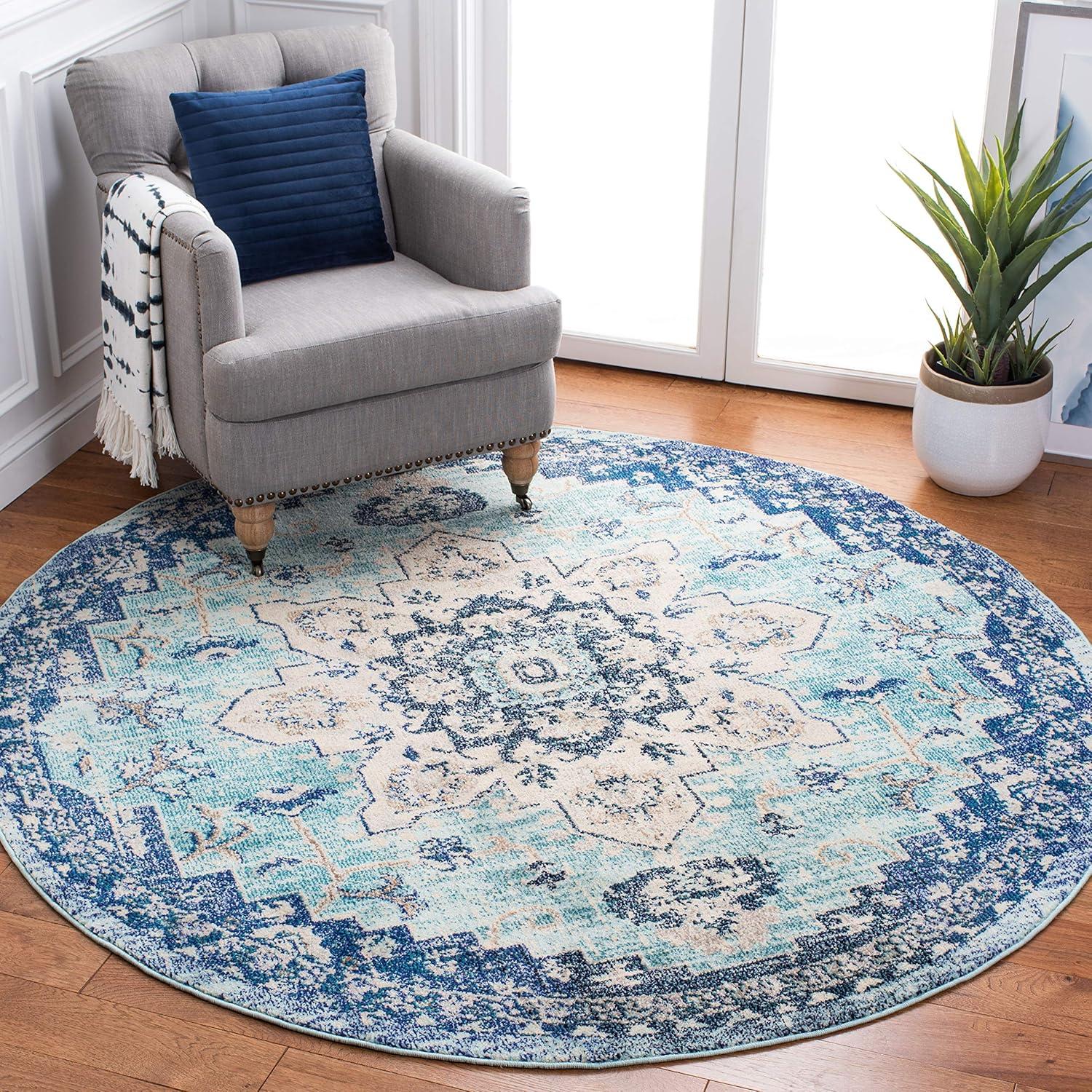 image:imageSAFAVIEH Madison Collection Area Rug 67 Square Cream amp Blue Boho Chic Distressed Medallion Design NonShedding amp Easy to Clean Ideal for Living Room Bedroom Dining Space MAD473BTealNavy