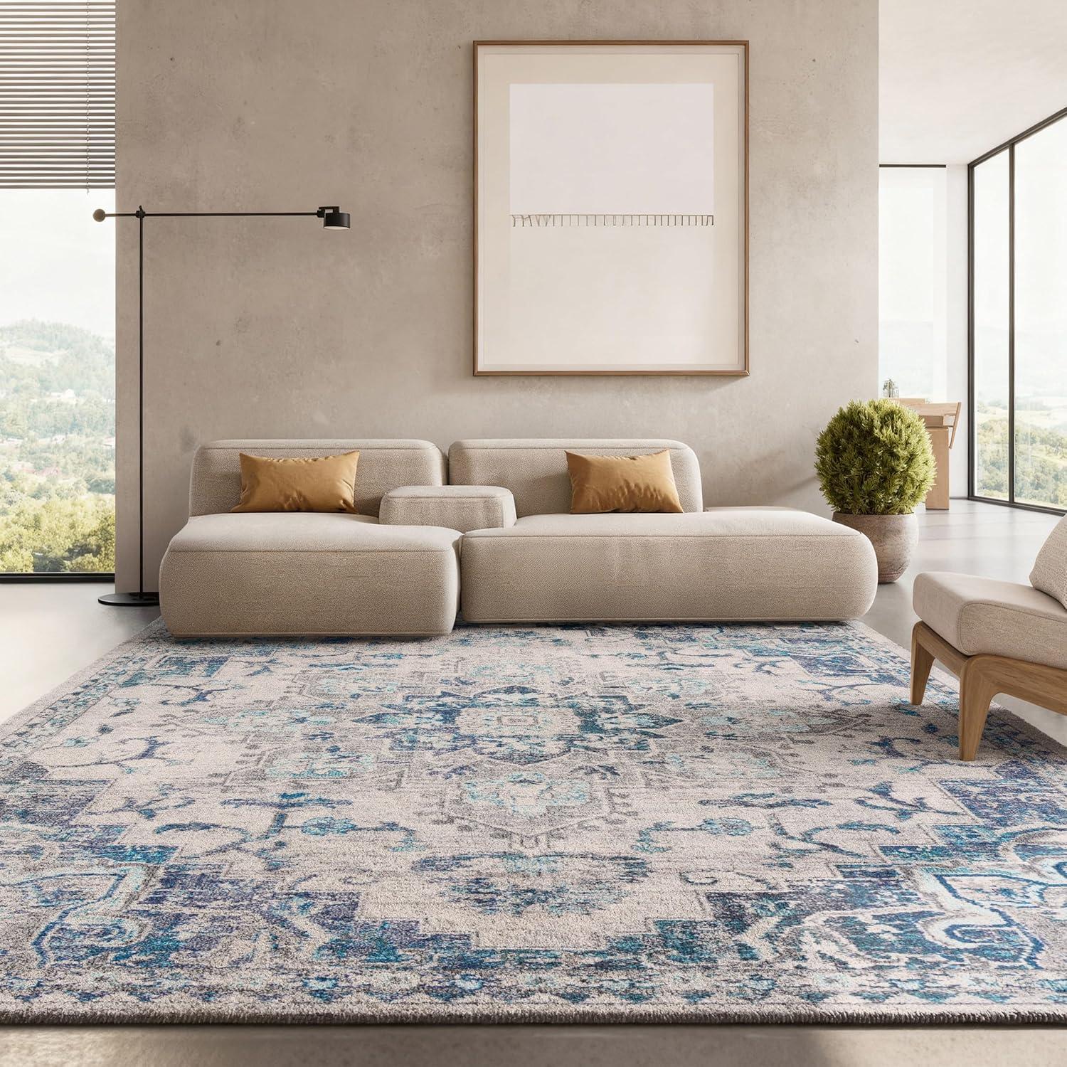 image:imageSAFAVIEH Madison Collection Area Rug 67 Square Cream amp Blue Boho Chic Distressed Medallion Design NonShedding amp Easy to Clean Ideal for Living Room Bedroom Dining Space MAD473BIvoryGrey