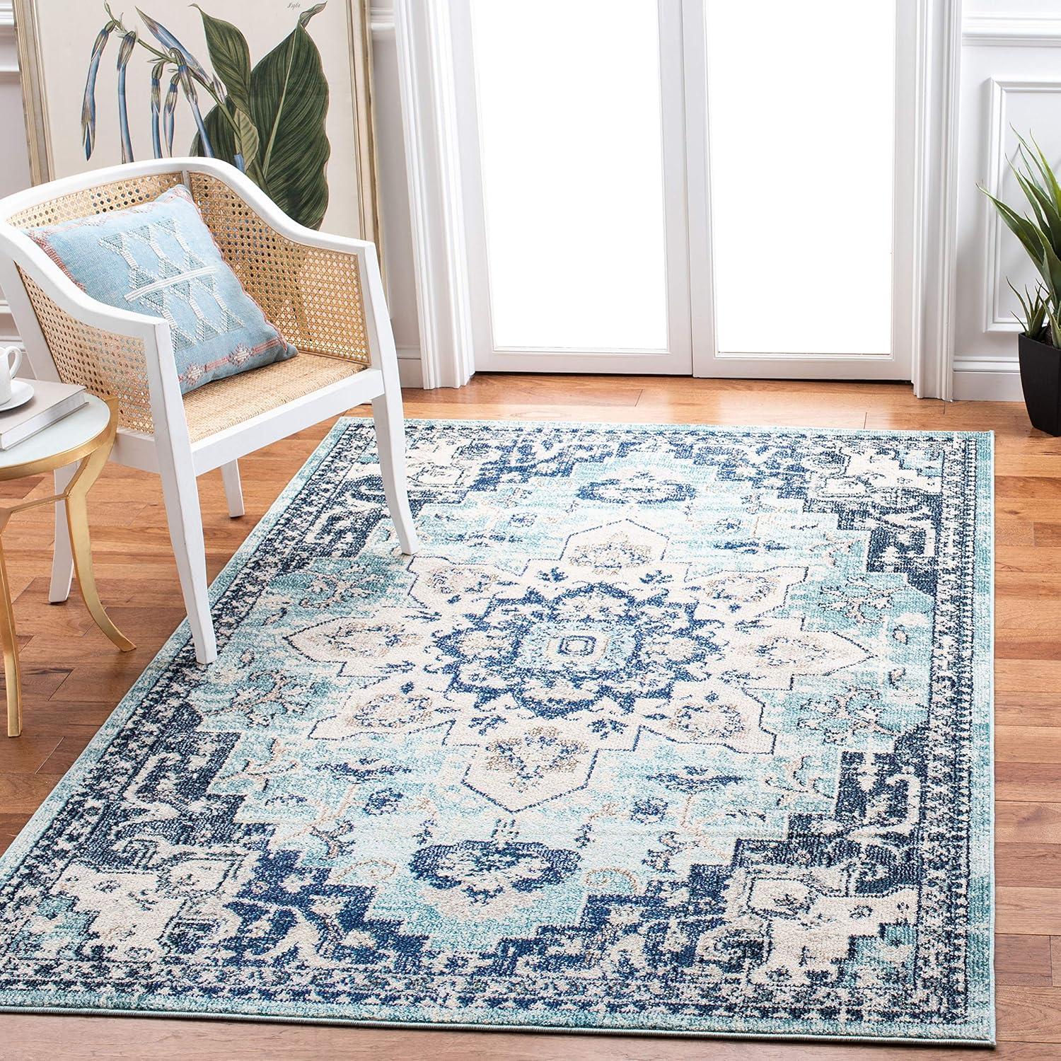 image:imageSAFAVIEH Madison Collection Area Rug 67 Square Cream amp Blue Boho Chic Distressed Medallion Design NonShedding amp Easy to Clean Ideal for Living Room Bedroom Dining Space MAD473BTealNavy