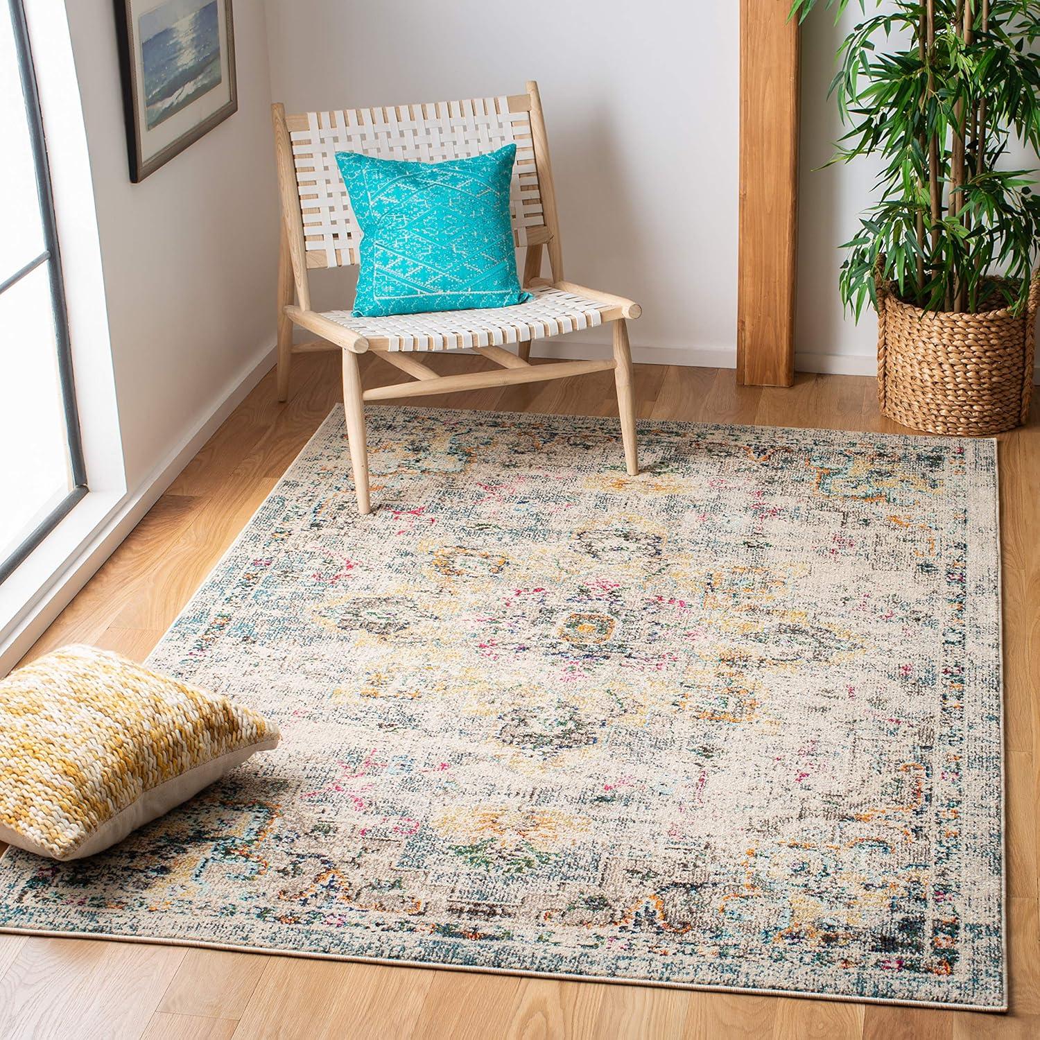 image:imageSAFAVIEH Madison Collection Area Rug 67 Square Cream amp Blue Boho Chic Distressed Medallion Design NonShedding amp Easy to Clean Ideal for Living Room Bedroom Dining Space MAD473BGreyGold