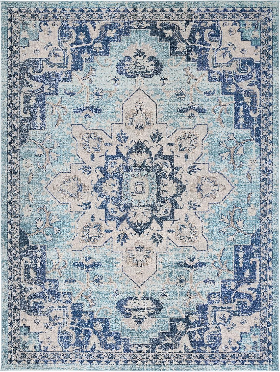image:imageSAFAVIEH Madison Collection Area Rug 67 Square Cream amp Blue Boho Chic Distressed Medallion Design NonShedding amp Easy to Clean Ideal for Living Room Bedroom Dining Space MAD473BTealNavy