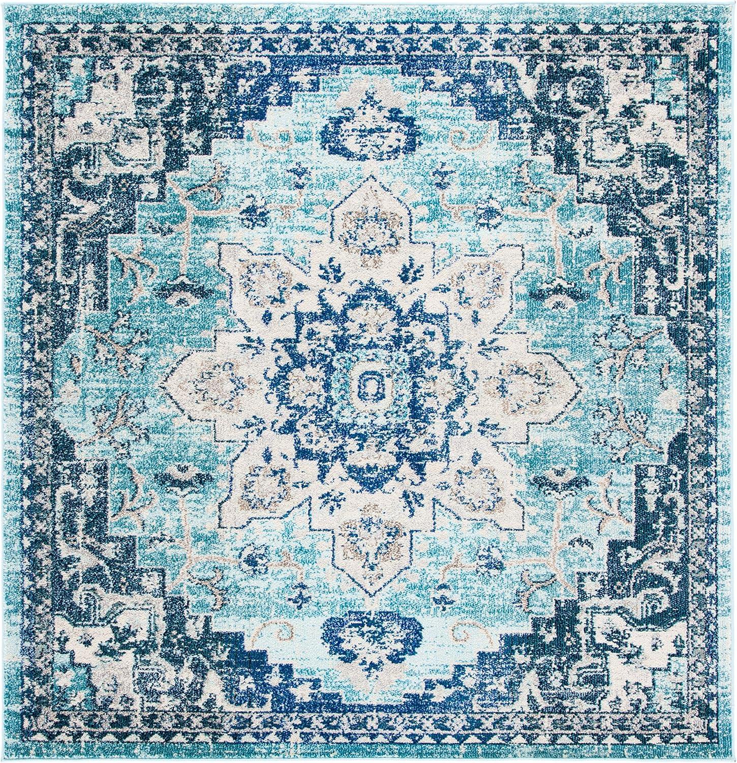 image:imageSAFAVIEH Madison Collection Area Rug 67 Square Cream amp Blue Boho Chic Distressed Medallion Design NonShedding amp Easy to Clean Ideal for Living Room Bedroom Dining Space MAD473BTealNavy