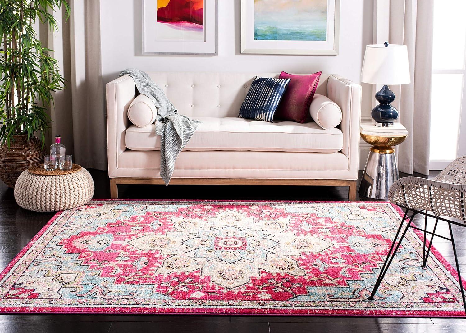image:imageSAFAVIEH Madison Collection Area Rug 67 Square Cream amp Blue Boho Chic Distressed Medallion Design NonShedding amp Easy to Clean Ideal for Living Room Bedroom Dining Space MAD473BFuchsiaBlue