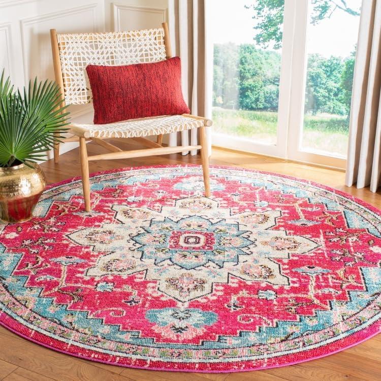 image:imageSAFAVIEH Madison Collection Area Rug 67 Square Cream amp Blue Boho Chic Distressed Medallion Design NonShedding amp Easy to Clean Ideal for Living Room Bedroom Dining Space MAD473BFuchsiaBlue