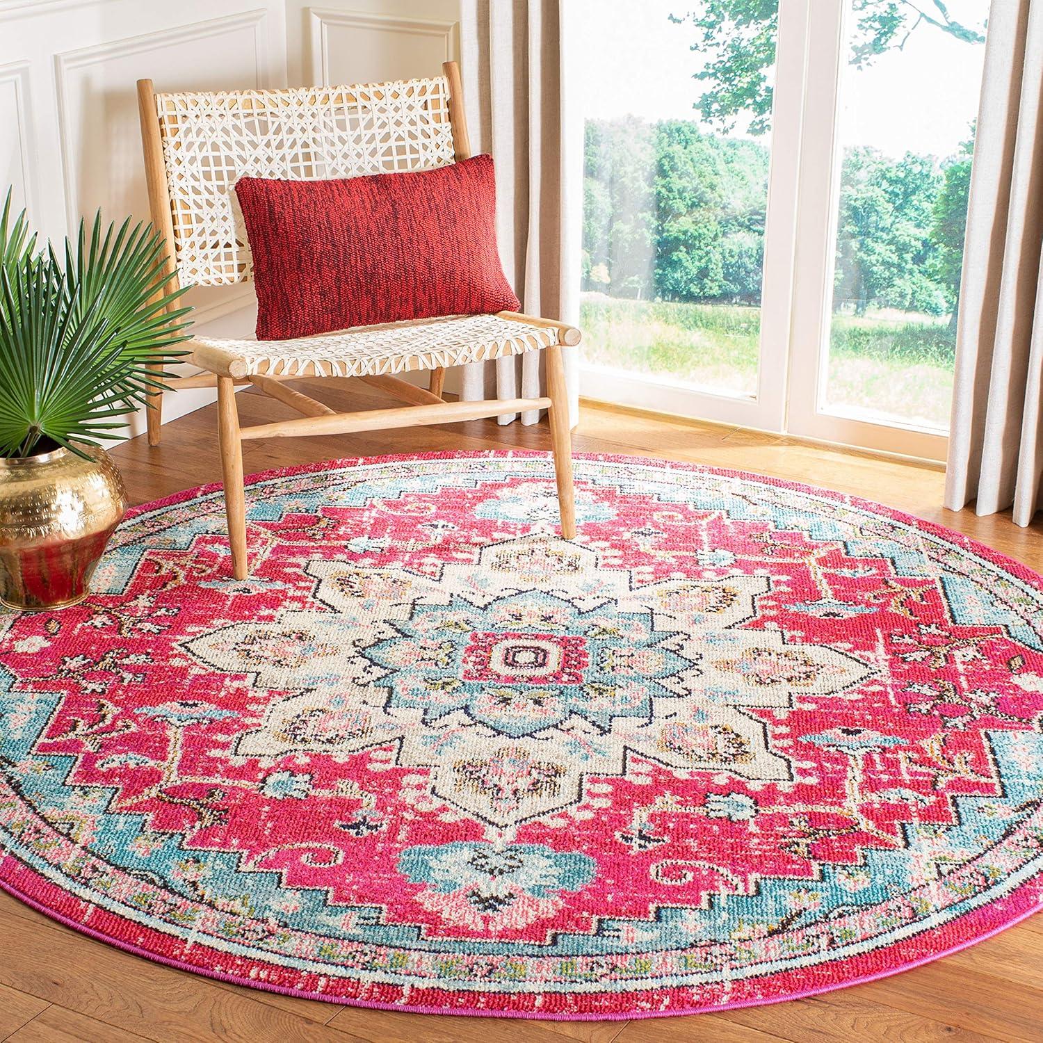 image:imageSAFAVIEH Madison Collection Area Rug 67 Square Cream amp Blue Boho Chic Distressed Medallion Design NonShedding amp Easy to Clean Ideal for Living Room Bedroom Dining Space MAD473BFuchsiaBlue
