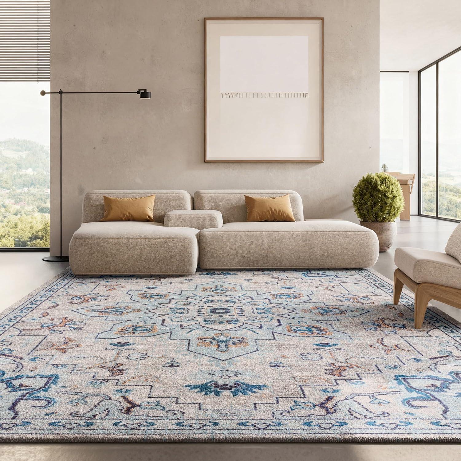 image:imageSAFAVIEH Madison Collection Area Rug 67 Square Cream amp Blue Boho Chic Distressed Medallion Design NonShedding amp Easy to Clean Ideal for Living Room Bedroom Dining Space MAD473BIvoryLight Blue