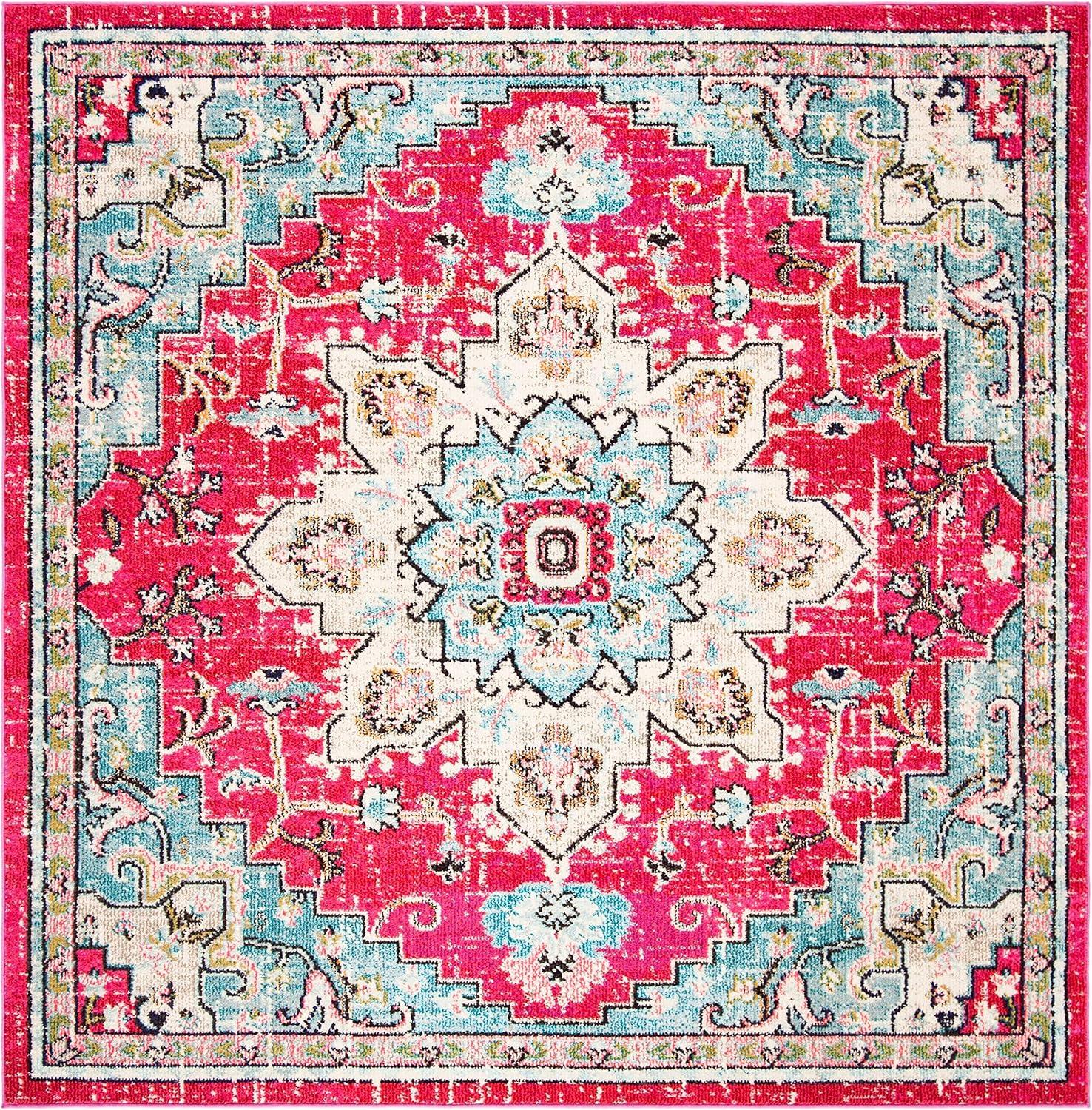 image:imageSAFAVIEH Madison Collection Area Rug 67 Square Cream amp Blue Boho Chic Distressed Medallion Design NonShedding amp Easy to Clean Ideal for Living Room Bedroom Dining Space MAD473BFuchsiaBlue