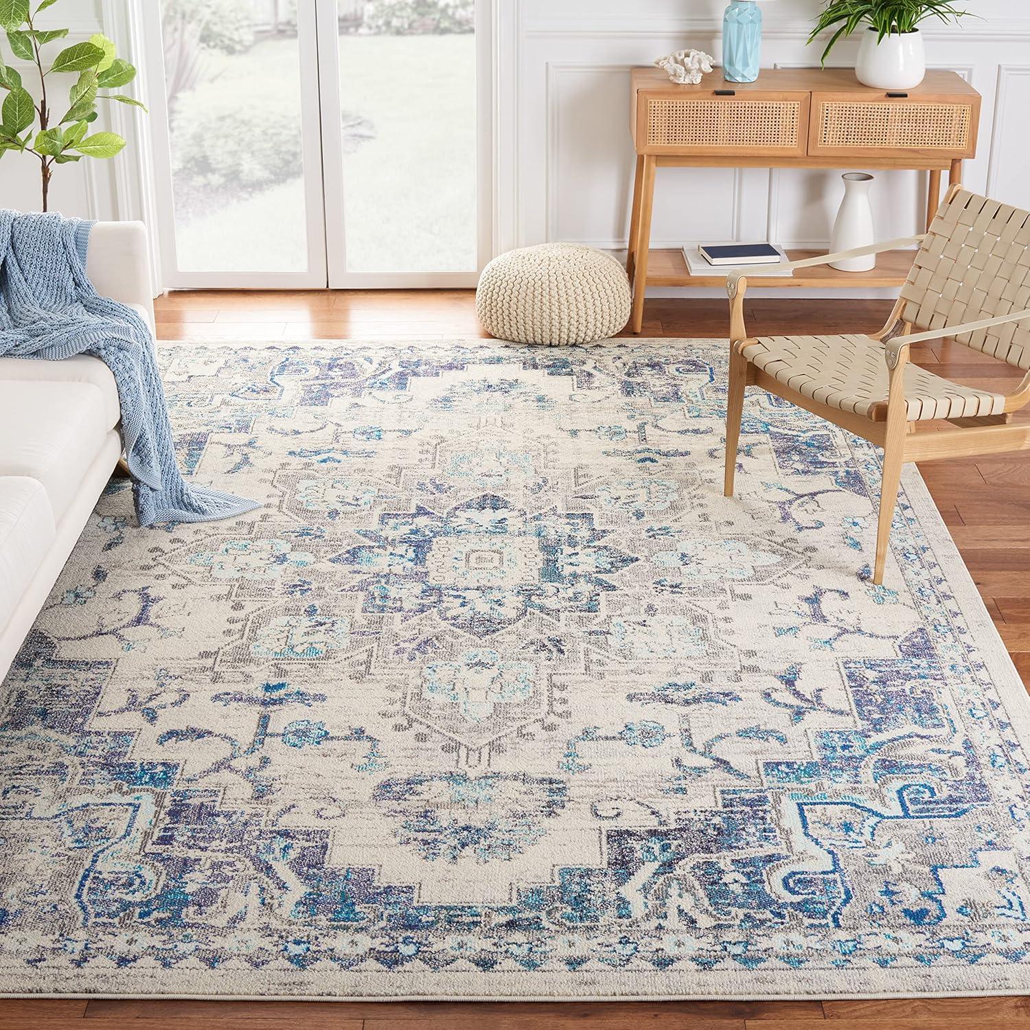 image:imageSAFAVIEH Madison Collection Area Rug 67 Square Cream amp Blue Boho Chic Distressed Medallion Design NonShedding amp Easy to Clean Ideal for Living Room Bedroom Dining Space MAD473BIvoryGrey