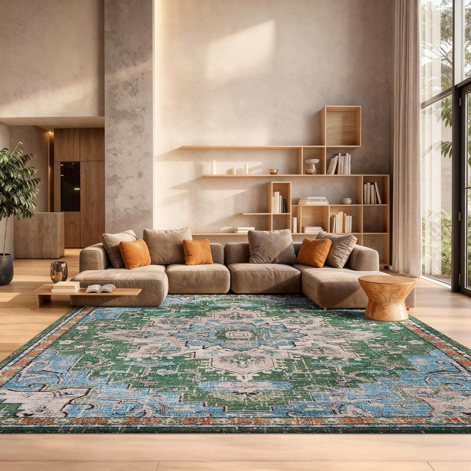 image:imageSAFAVIEH Madison Collection Area Rug 67 Square Cream amp Blue Boho Chic Distressed Medallion Design NonShedding amp Easy to Clean Ideal for Living Room Bedroom Dining Space MAD473BGreenTurquoise