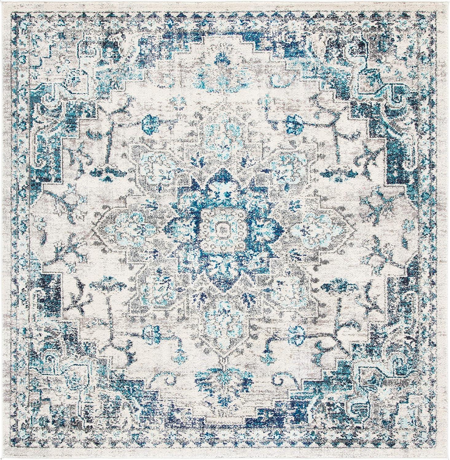 image:imageSAFAVIEH Madison Collection Area Rug 67 Square Cream amp Blue Boho Chic Distressed Medallion Design NonShedding amp Easy to Clean Ideal for Living Room Bedroom Dining Space MAD473BIvoryGrey