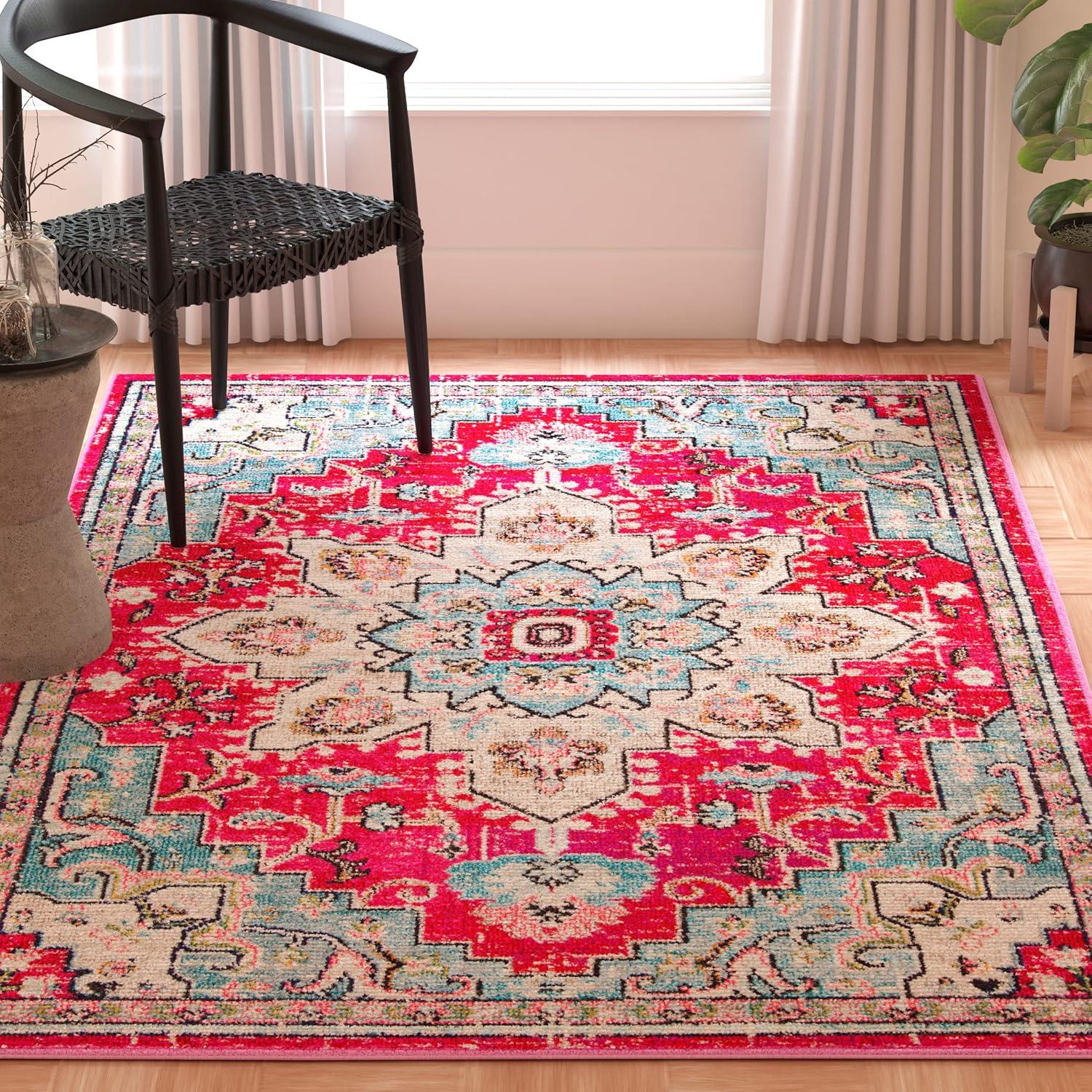 image:imageSAFAVIEH Madison Collection Area Rug 67 Square Cream amp Blue Boho Chic Distressed Medallion Design NonShedding amp Easy to Clean Ideal for Living Room Bedroom Dining Space MAD473BFuchsiaBlue