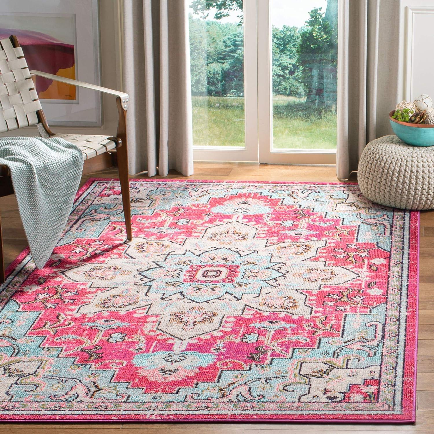 image:imageSAFAVIEH Madison Collection Area Rug 67 Square Cream amp Blue Boho Chic Distressed Medallion Design NonShedding amp Easy to Clean Ideal for Living Room Bedroom Dining Space MAD473BFuchsiaBlue