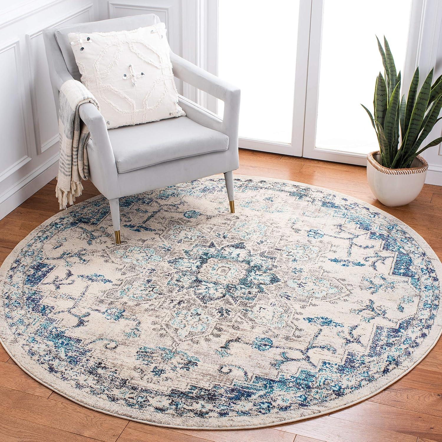 image:imageSAFAVIEH Madison Collection Area Rug 67 Square Cream amp Blue Boho Chic Distressed Medallion Design NonShedding amp Easy to Clean Ideal for Living Room Bedroom Dining Space MAD473BIvoryGrey