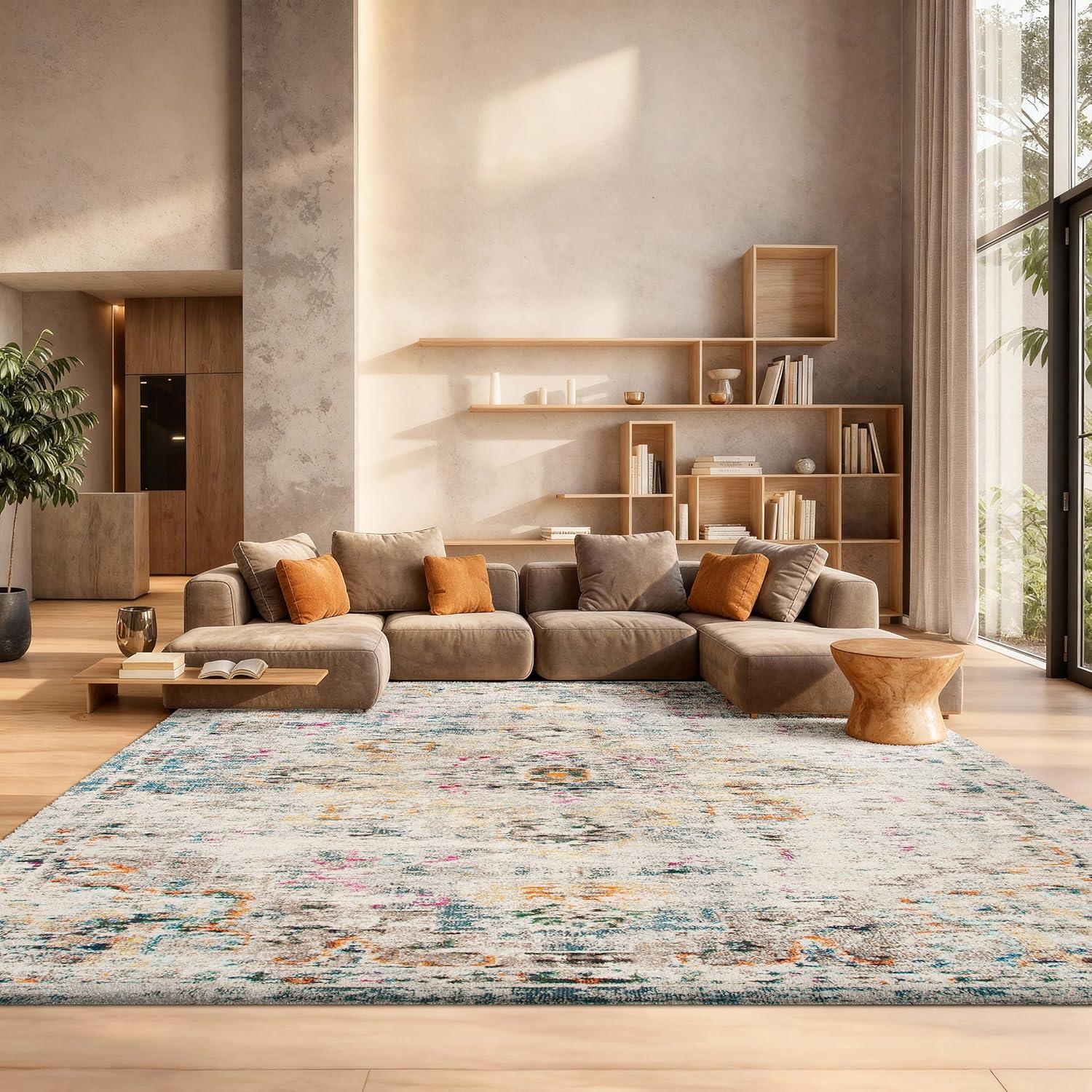 image:imageSAFAVIEH Madison Collection Area Rug 67 Square Cream amp Blue Boho Chic Distressed Medallion Design NonShedding amp Easy to Clean Ideal for Living Room Bedroom Dining Space MAD473BGreyGold