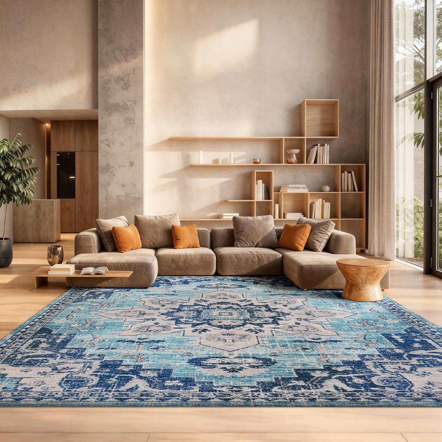 image:imageSAFAVIEH Madison Collection Area Rug 67 Square Cream amp Blue Boho Chic Distressed Medallion Design NonShedding amp Easy to Clean Ideal for Living Room Bedroom Dining Space MAD473BTealNavy