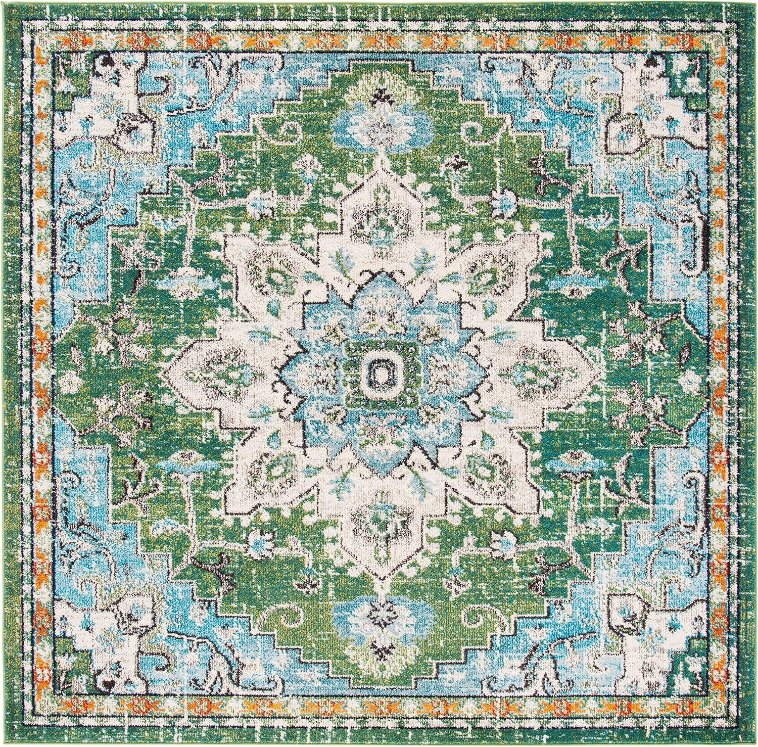 image:imageSAFAVIEH Madison Collection Area Rug 67 Square Cream amp Blue Boho Chic Distressed Medallion Design NonShedding amp Easy to Clean Ideal for Living Room Bedroom Dining Space MAD473BGreenTurquoise