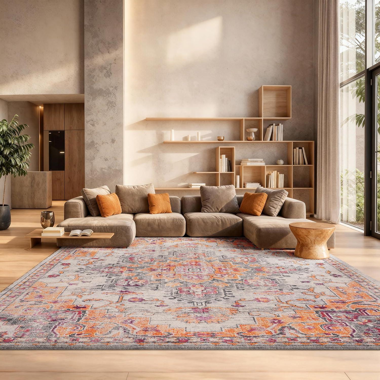 image:imageSAFAVIEH Madison Collection Area Rug 67 Square Cream amp Blue Boho Chic Distressed Medallion Design NonShedding amp Easy to Clean Ideal for Living Room Bedroom Dining Space MAD473BBeigeOrange