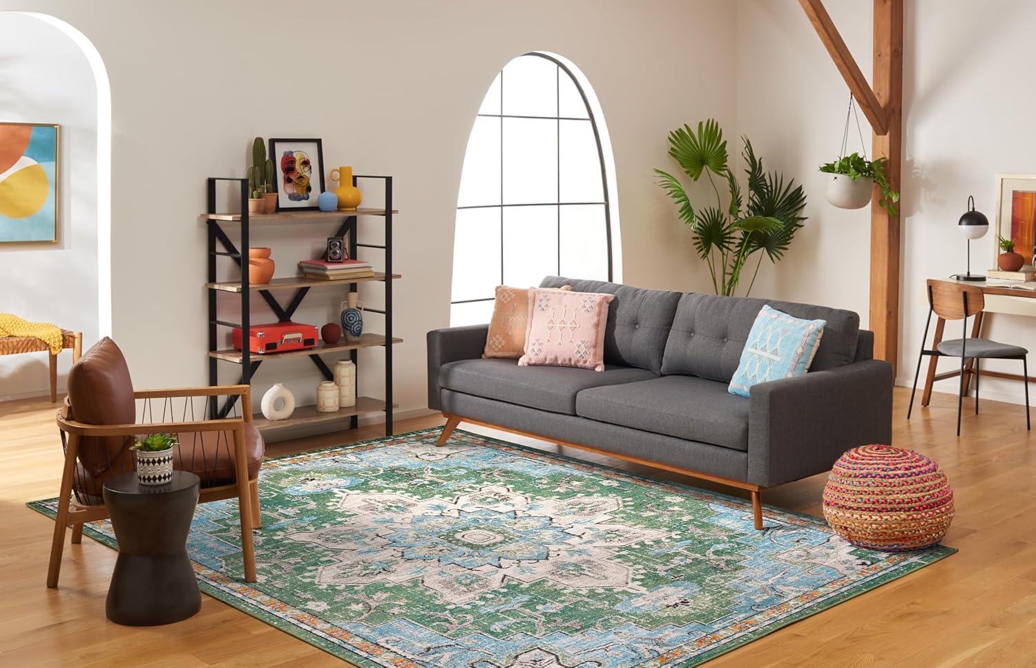 image:imageSAFAVIEH Madison Collection Area Rug 67 Square Cream amp Blue Boho Chic Distressed Medallion Design NonShedding amp Easy to Clean Ideal for Living Room Bedroom Dining Space MAD473BGreenTurquoise