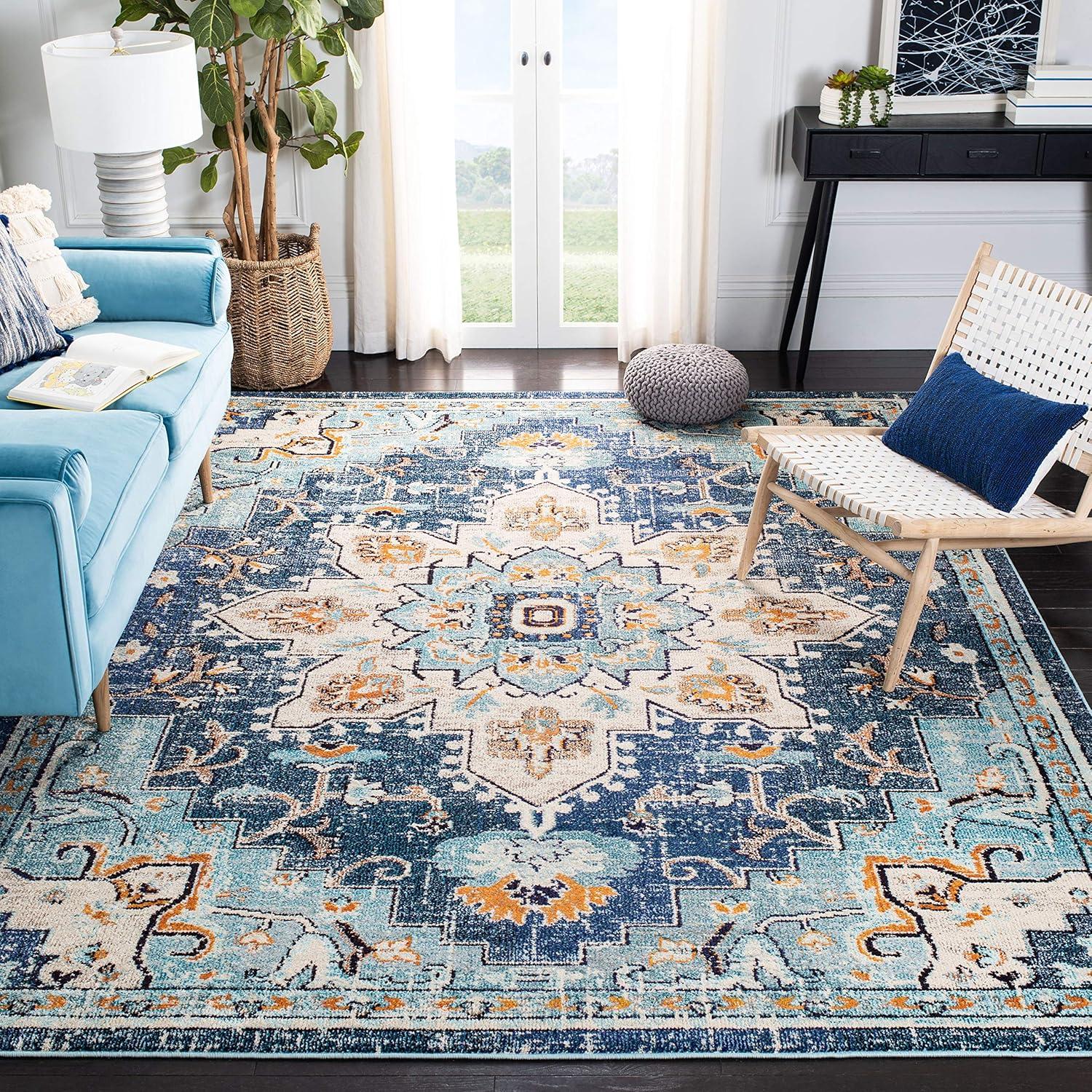 image:imageSAFAVIEH Madison Collection Area Rug 67 Square Cream amp Blue Boho Chic Distressed Medallion Design NonShedding amp Easy to Clean Ideal for Living Room Bedroom Dining Space MAD473BBlueLight Blue