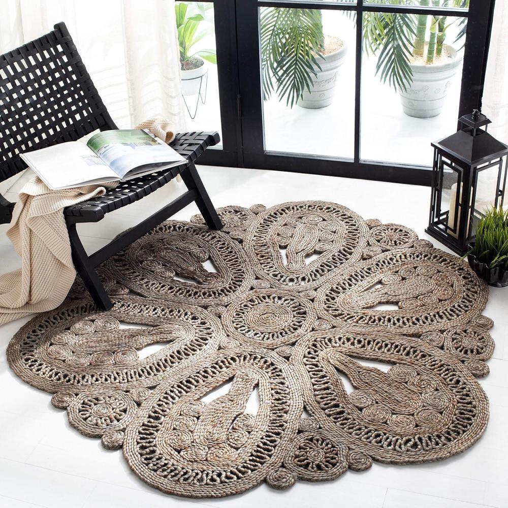 image:imageSAFAVIEH Area Rug 4 Round  Natural Fiber Collection  Navy Handmade Jute Decorative Boho Floral Design NF360NGrey