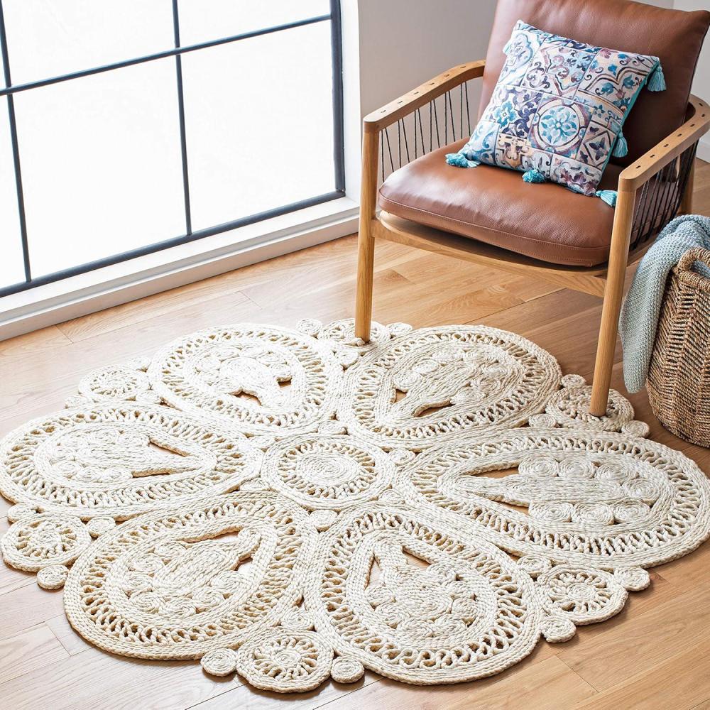 image:imageSAFAVIEH Area Rug 4 Round  Natural Fiber Collection  Navy Handmade Jute Decorative Boho Floral Design NF360NIvory