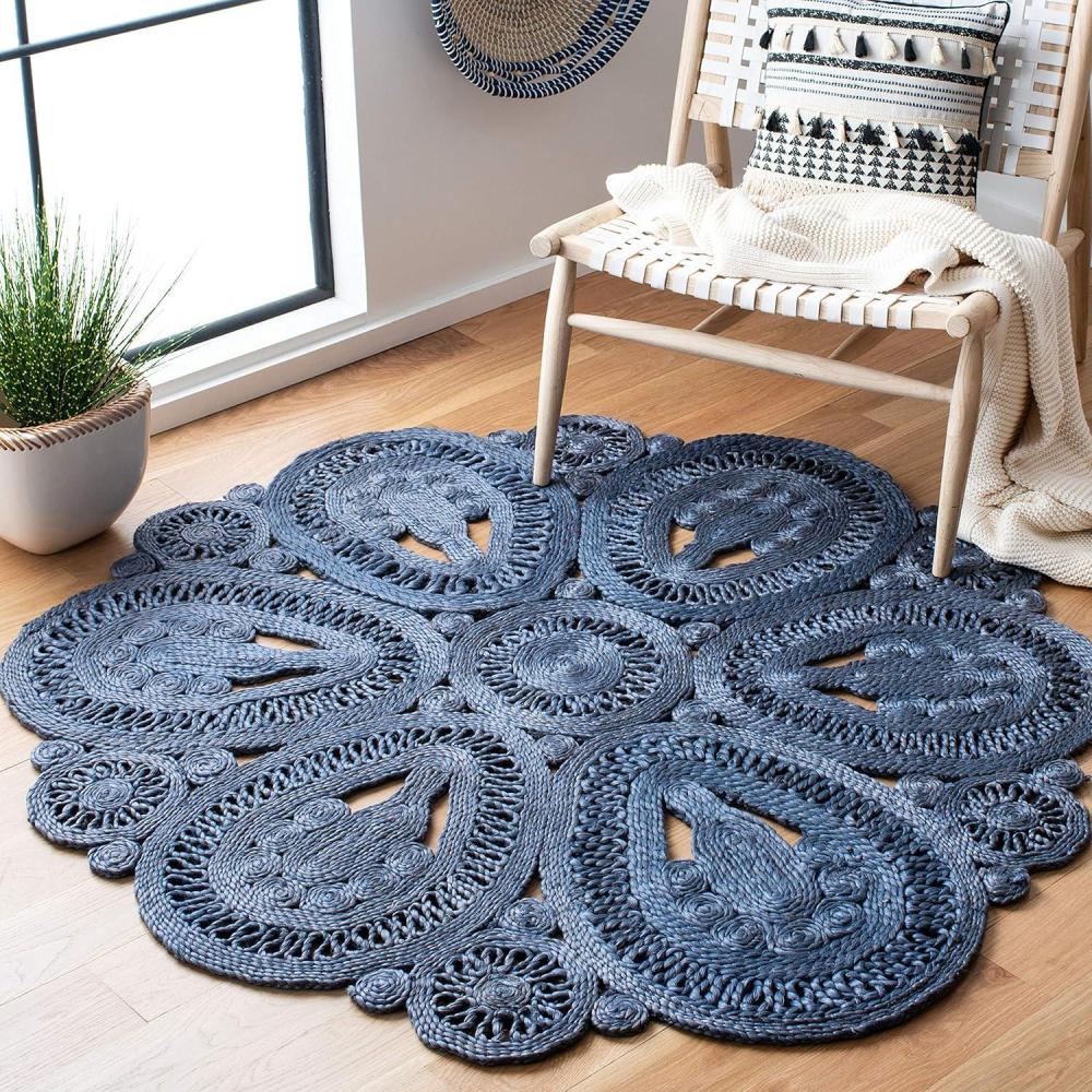 image:imageSAFAVIEH Area Rug 4 Round  Natural Fiber Collection  Navy Handmade Jute Decorative Boho Floral Design NF360NNavy