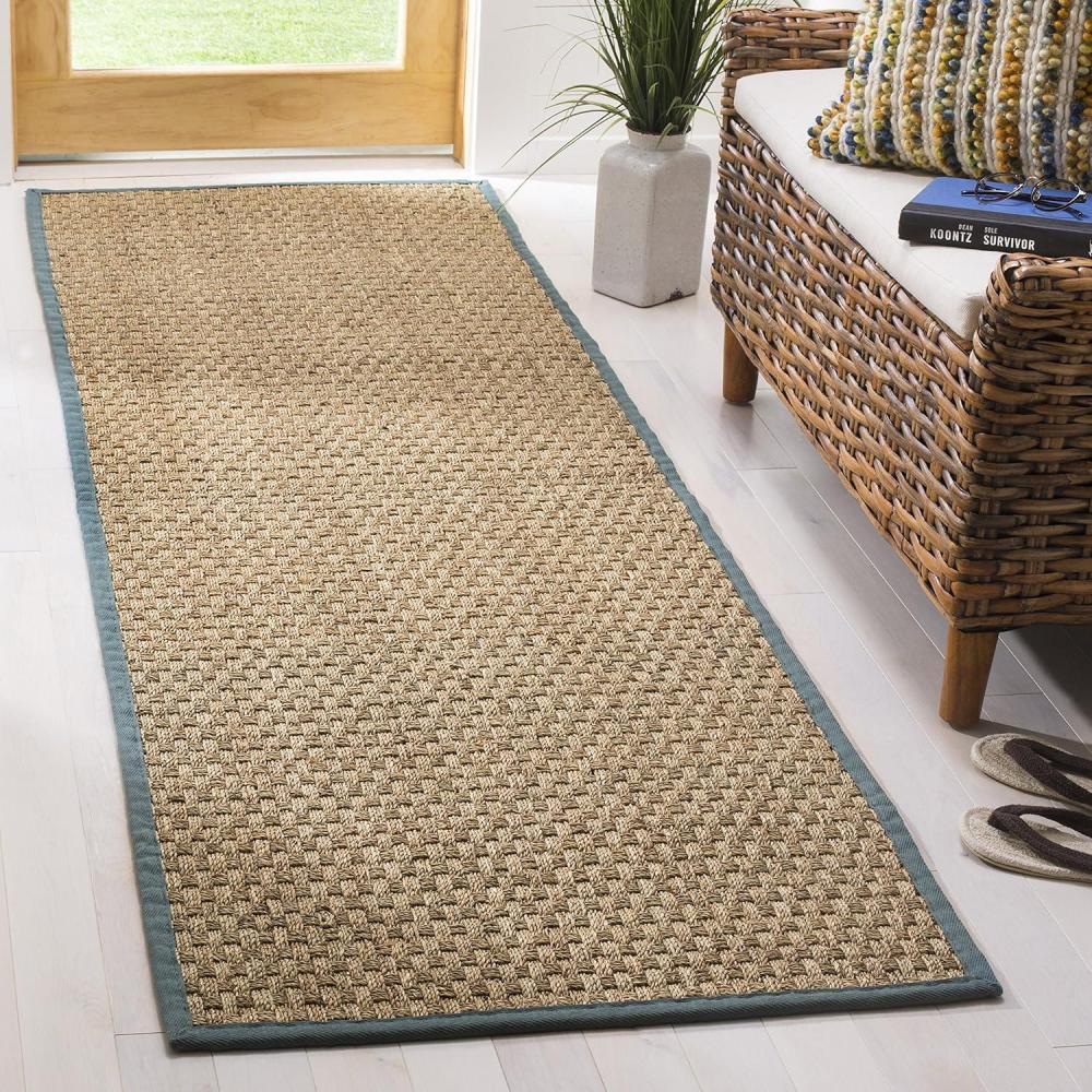 image:imageSAFAVIEH Area Rug 8x10  Natural Fiber Collection  Large  Natural amp Beige Seagrass Basketweave Pattern NF114ANaturalDusty Teal Blue