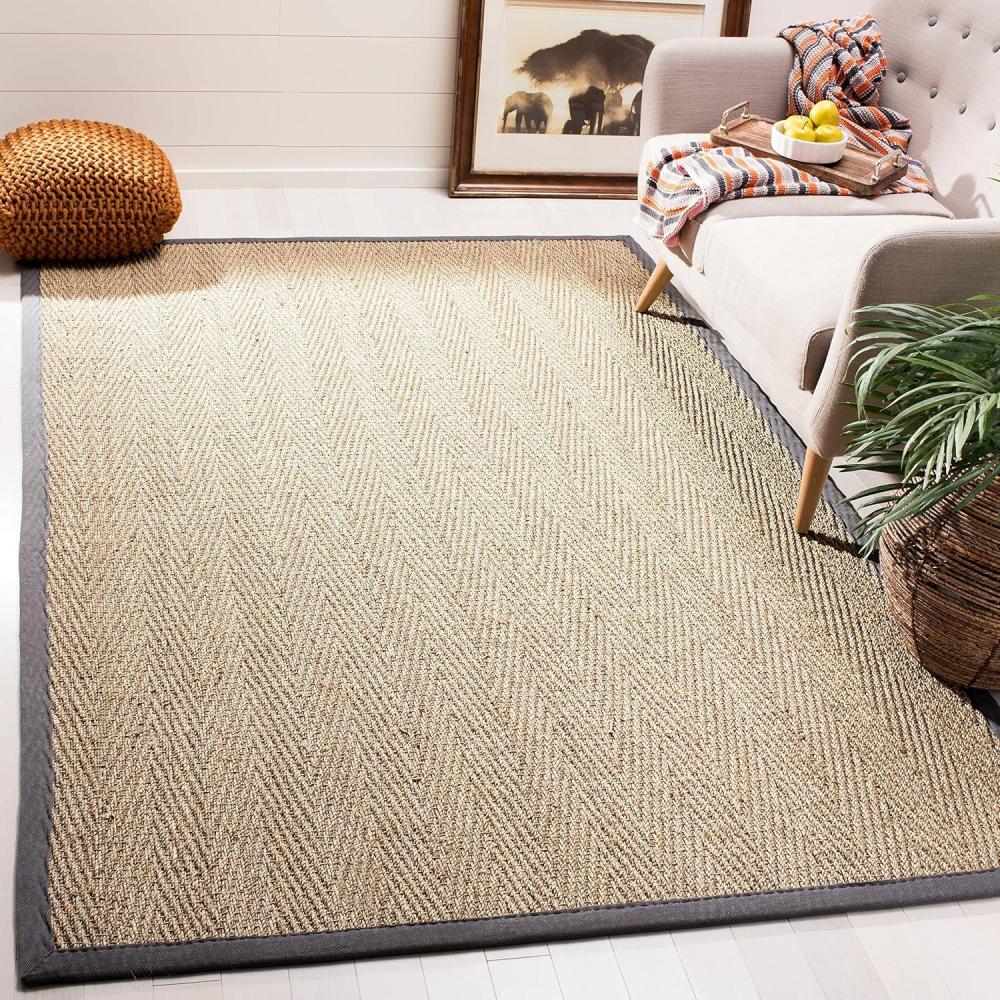 image:imageSafavieh Area Rug 6 Round  Natural Fiber Collection  Natural amp Black Seagrass Herringbone Pattern with Border NF115CNaturalDark Grey