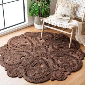 SAFAVIEH Area Rug 4′ Round – Natural Fiber Collection – Navy, Handmade Jute, Decorative Boho Floral Design (NF360N)(Brown)