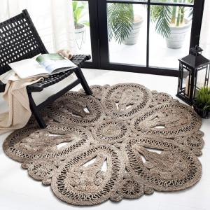 SAFAVIEH Area Rug 4′ Round – Natural Fiber Collection – Navy, Handmade Jute, Decorative Boho Floral Design (NF360N)(Grey)