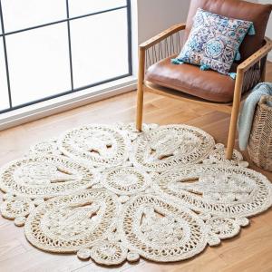 SAFAVIEH Area Rug 4′ Round – Natural Fiber Collection – Navy, Handmade Jute, Decorative Boho Floral Design (NF360N)(Ivory)