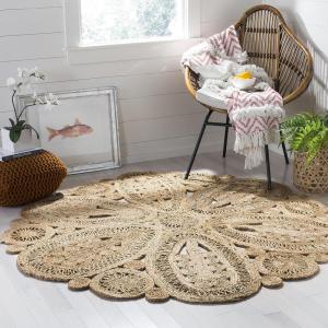 SAFAVIEH Area Rug 4′ Round – Natural Fiber Collection – Navy, Handmade Jute, Decorative Boho Floral Design (NF360N)(Natural)