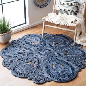 SAFAVIEH Area Rug 4′ Round – Natural Fiber Collection – Navy, Handmade Jute, Decorative Boho Floral Design (NF360N)(Navy)