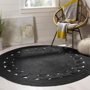 SAFAVIEH Area Rug 5′ Round – Natural Fiber Collection – Ivory, Handmade Jute, Boho Farmhouse Braided Design (NF364B)(Black)