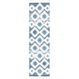 SAFAVIEH Area Rug 8×10 – Moroccan Tassel Shag Collection – Large – Grey & Ivory, Boho Design, Non-Shedding & Easy Cleaning, Plush Pile, Ideal for Living Room, Bedroom, Dining Space (MTS664G)(Blue/Ivory)