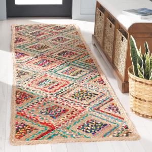 SAFAVIEH Cape Cod Collection Area Rug – 8′ Square, Natural & Blue, Handmade Flat Weave Diamond Braided Jute & Denim, Ideal for High Traffic Areas in Living Room, Bedroom (CAP354A)(Natural/Red)